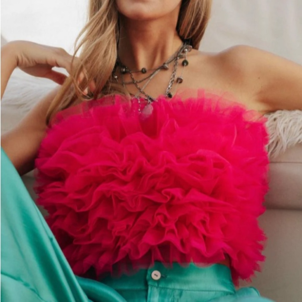 NWT Better Be Pink Tulle Ruffle Hot Pink Tube Top